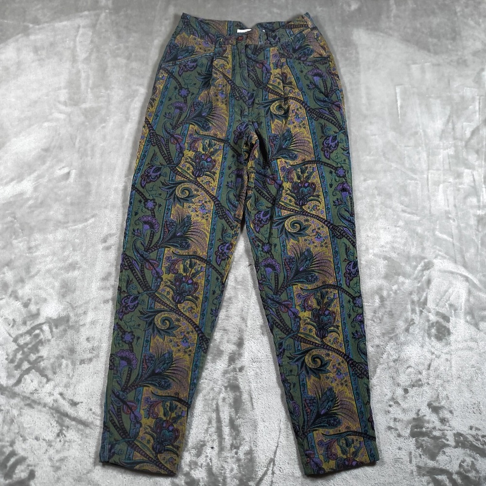 Vintage The Limited Boho Pants Womens 4 Green Paisley Corduroy High Waist Floral